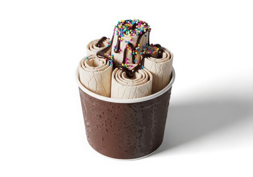 Colorful ice cream cone with sprinkles on top isolated on white background