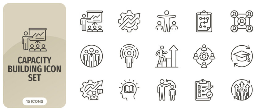 Capacity building icon set, professional development, training and skill improvement, business growth, leadership, education, and team management vector icons
