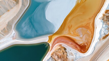 Obraz premium Aerial view of mineral tinted water in tailings basin with abstract color patterns
