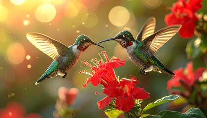 Fototapeta premium Hummingbird Feeding on a Vibrant Flower in Nature, Hovering with Rapid Wings and Long Beak, Small Wild Bird Captured in Flight Among Green Foliage