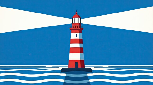 Red and white lighthouse with beams on blue sea