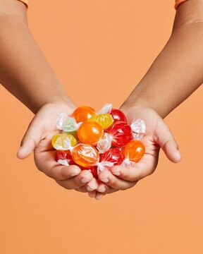Child hands cupped together holding colorful wrapped hard candies against orange background