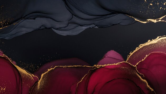 Dark moody alcohol ink abstract background with deep charcoal navy waves and crimson burgundy shapes edged in gold glitter