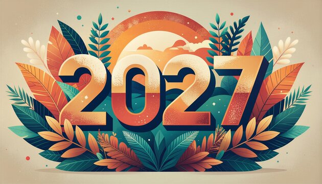 Bold golden 2027 numerals surrounded by tropical leaves and warm sunset circle on beige background in retro flat illustration style