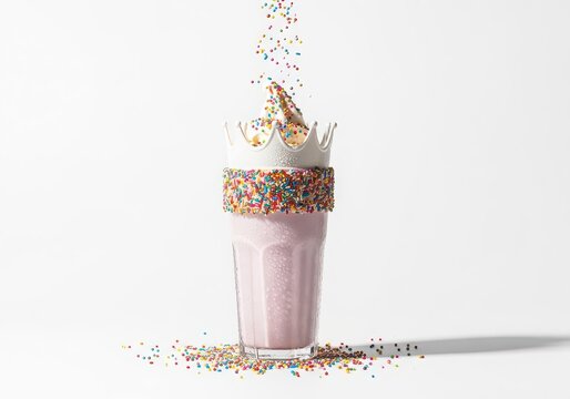 Colorful confetti bursting from a champagne glass isolated on white background
