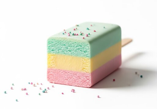 Colorful layered cake with sprinkles on top isolated on white background