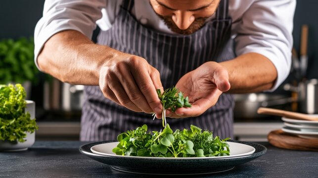 Chef hands plating micro herbs on dark ceramic dish in professional kitchen