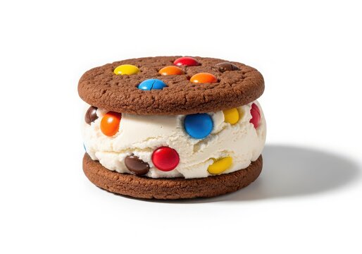 Colorful ice cream sandwich with cookie and candy toppings isolated on white background