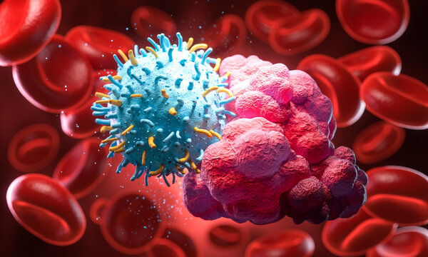 3d Illustration of CAR-T cell therapy showing T-cells attacking cancer cells.