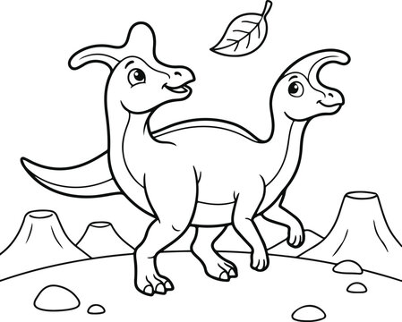 Cute cartoon parasaurolophus dinosaurs with a leaf in a prehistoric landscape