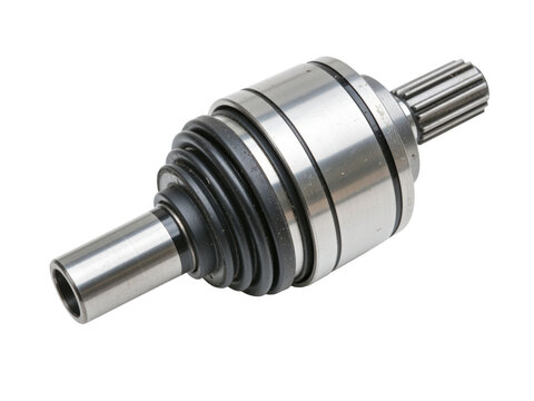 Drive shaft CV joint with a ribbed rubber boot and splined ends, isolated on transparent background