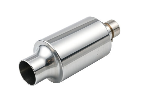Polished stainless steel exhaust muffler with inlet and outlet pipes, isolated on transparent background