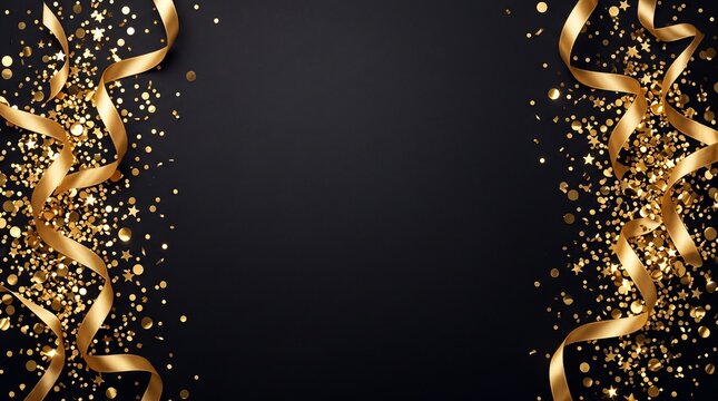 Elegant black festive background framed with satin gold ribbons and glittering confetti, luxury party copy space background.