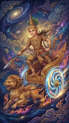 Obraz premium A celestial warrior in ornate golden armor holds a spear while riding a magical chariot pulled by a fierce golden lion through a swirling cosmic galaxy filled with stars and glowing nebulae