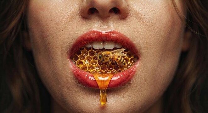 Red lips holding honeycomb dripping honey