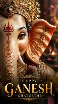 Happy Ganesh Chaturthi Festival Celebration with Lord Ganesha Idol Modak Diya and Traditional Hindu Decorations