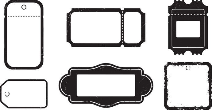Collection of various blank vintage paper tags and tickets with a distressed grunge texture on a white background, for labeling and organizing