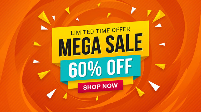 Yellow and blue banner announcing a mega sale with 60% off, set against a vibrant orange background with abstract shapes, signifying a promotion.