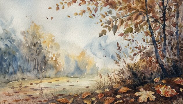 Watercolor painting shows autumn leaves around a calm water scene with trees. The artwork highlights the colors and textures of the season