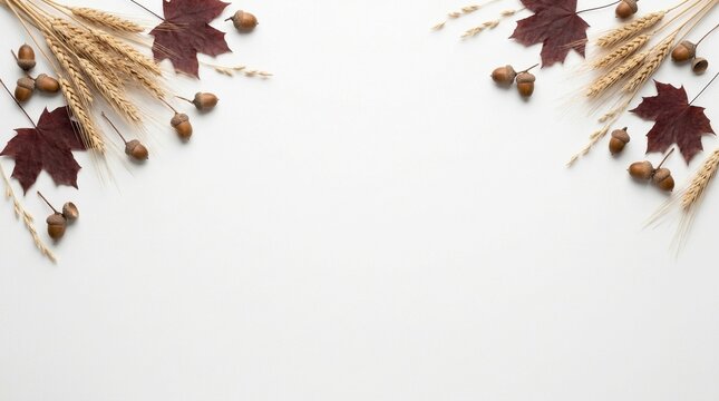 Leaves and Acorns Flat-Lay Border Arrangement with Wheat Stalks