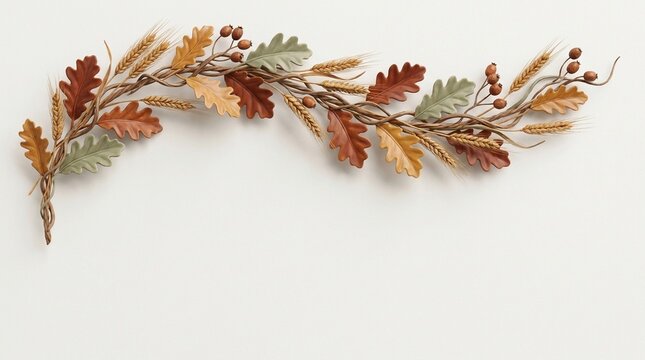 Leaves and Wheat Garland Border with Autumnal Foliage and Berries. Rustic Harvest Decoration Design