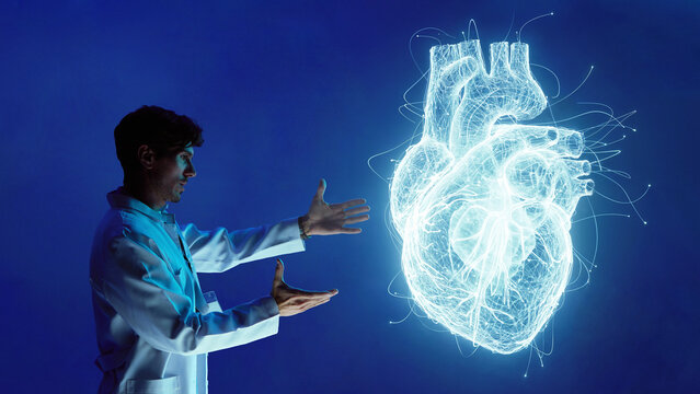 Male doctor analyzing glowing digital heart hologram. Concept of AI supported cardiology diagnostics and evidence based clinical decisions and care in practice.