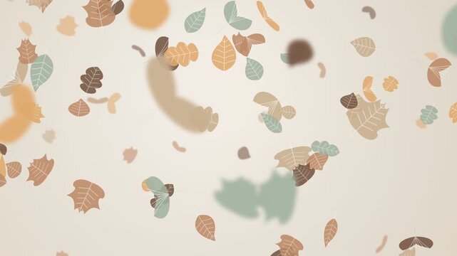 Seamless loop motion graphics background featuring colorful autumn leaves falling gracefully. Minimalist flat design animation with flying leaves in warm seasonal tones. Perfect for Thanksgiving, autu