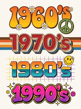 Retro decade typography set including 1960s groovy, 1970s vintage 3D, 1980s synthwave grid, and 1990s bubble graffiti styles with pop icons.
