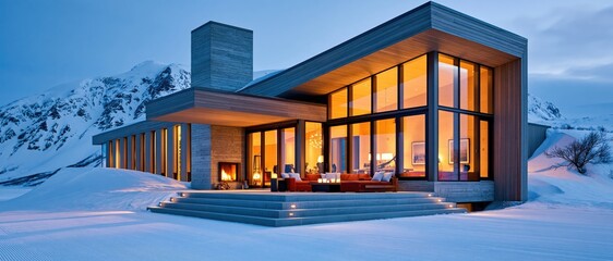Obraz premium Modern mountain lodge exterior at blue hour with warm interior light glowing through large windows