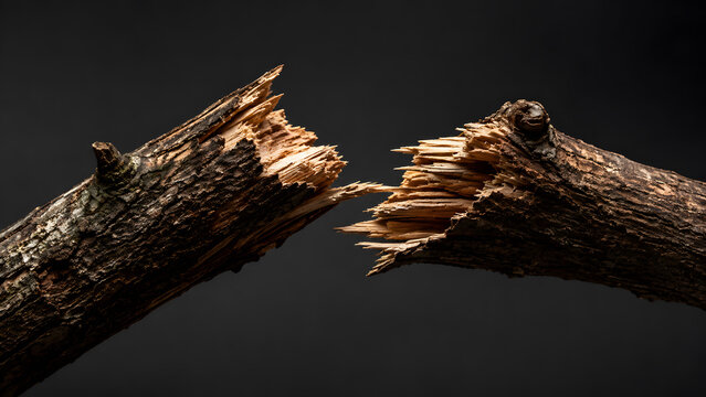  Broken wooden branch snapping apart showing sharp splinters and textured bark concept against a solid dark background
