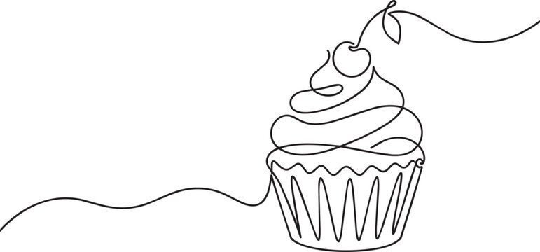 Single continuous line of a delicious cupcake topped with a single cherry on a clean white background, for food menu, or bakery