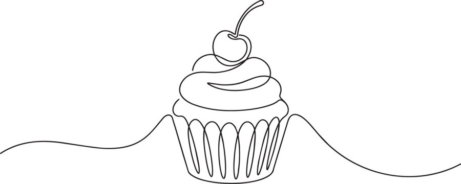Single continuous line of a sweet cupcake topped with a single cherry on a clean white background, for food menu, or bakery branding