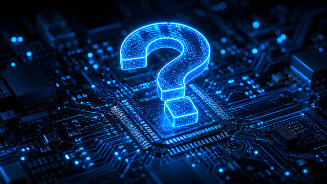 Glowing blue neon question mark icon symbol standing on top of a computer processor chip on a dark circuit board motherboard