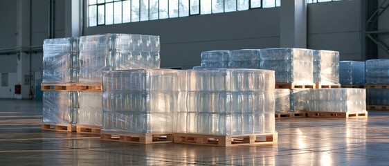 Obraz premium Stacked glass containers wrapped in clear film on wooden pallets inside warehouse
