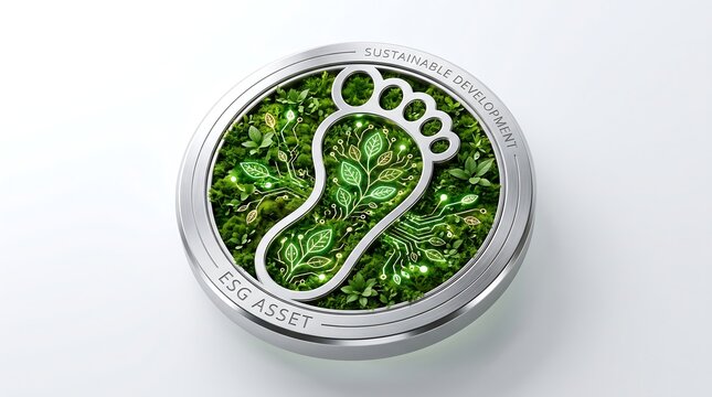 Carbon footprint coin representing sustainable development goals and green environmental ESG investment asset badge