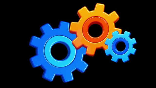 Animation 3D of spinning gears. Blue,  skye blue and orange cogs. on transparent