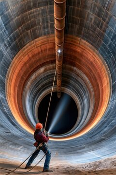 Worker descending rope inside industrial silo with headlamp beam