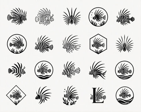 Set of minimalist lionfish icons and silhouettes, simple marine animal symbol collection in flat design