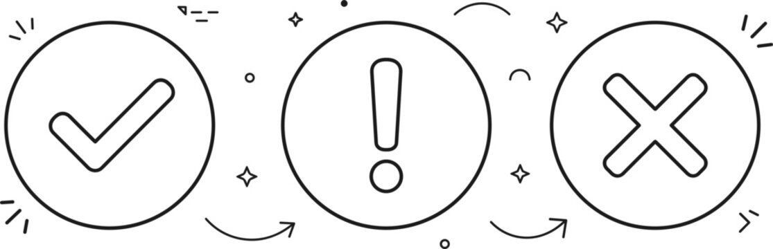 Vector line icon set illustrating check mark exclamation point cross mark circle choice option status alert symbols