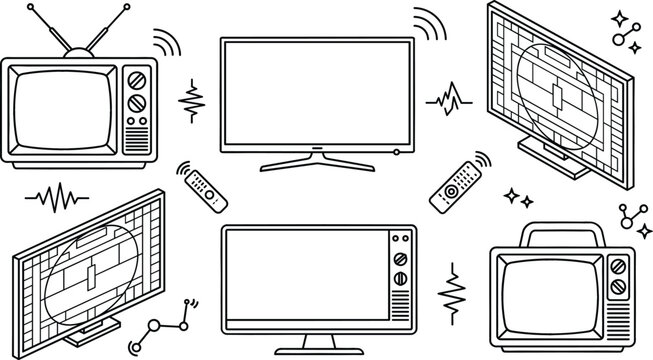 Vector set of television screens vintage retro tv monitors remote control test pattern line art style icon collection