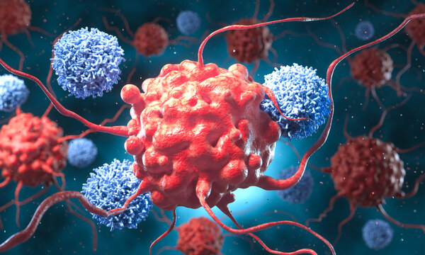 3d Illustration of CAR-T cell therapy showing T-cells attacking cancer cells.