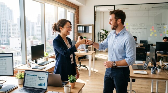 Two People Bumping Fists for Success and Teamwork in a Bright Office
