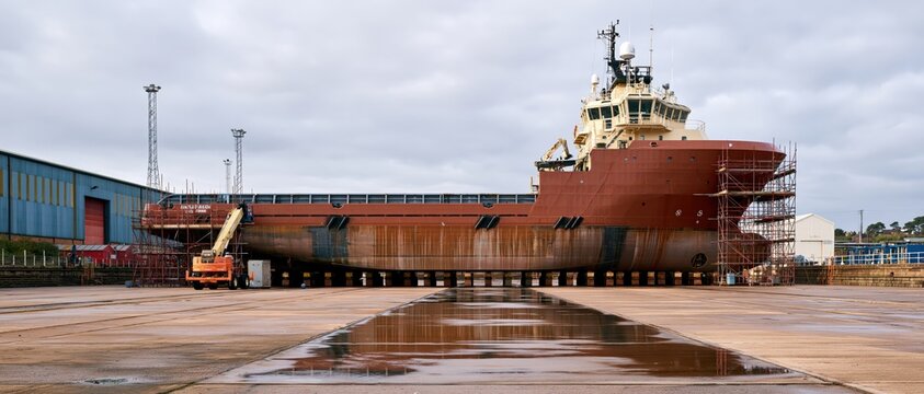 Large vessel raised on dry dock during refit season with scaffolding and industrial equipment under overcast sky
