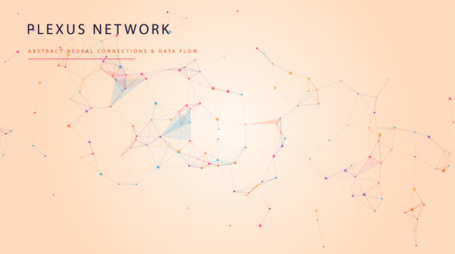 Plexus network abstract neural connections with soft colorful nodes and lines for modern data flow technology visualization and web design background.