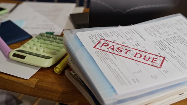 Financial documents lying on wooden table with red past due stamp on top folder, calculator and laptop in background. Clip is suitable for concepts of financial crisis, debt, and bankruptcy