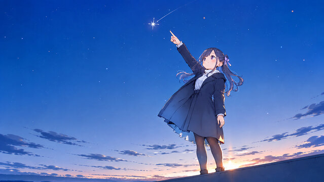Anime style girl in a dark coat pointing at the first star in a twilight blue hour sky，夕暮れの藍色の空に輝く一番星を指さすコートの少女 アニメ風イラスト