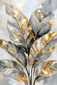 Abstract Tropical Leaves Oil Painting with Gold Foil Accents