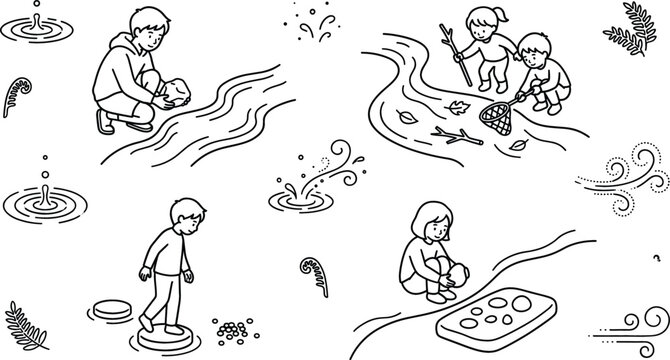 Children playing by river line art illustration set with stream stepping stones fishing net and nature elements
