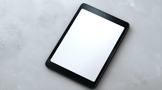 Black tablet pro with a blank white screen floating on a grey wall background, top view mockup for presentation design. 