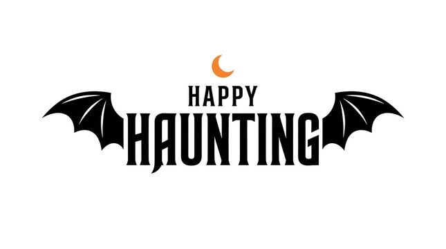 This captivating halloween typography design features a bold happy haunting message dramatically presented with stylized bat wings and a flickering flame evoking a spooky and